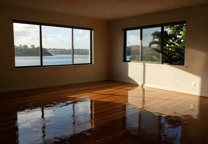 Flooded living room in Erskine Park before restoration